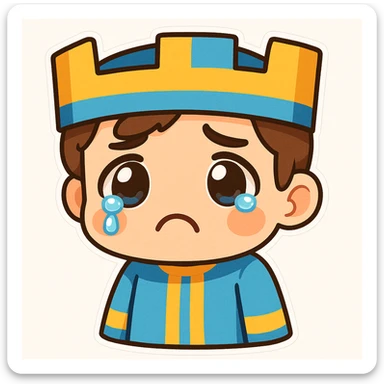 Edit the boy's face to have a sad, teary-eyed expression, keeping the original cartoon style and quality consistent with chibi stickers style. sticker