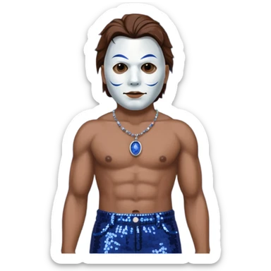 Michael Myers with white mask with brown hair, indigo sequin baggy pants, shirtless with necklace sticker