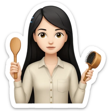 A white woman with long, straight black hair, wearing an ivory-colored shirt, holding a wooden paddle hairbrush in her left hand and spraying a hair mist bottle with her right hand toward her hair. sticker