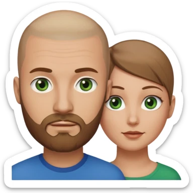 Man on left with shaved head with dark blonde beard and blue eyes and woman on the right with brown hair green eyes  sticker