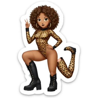Melanie Brown with brown curls and highlights wearing a tight leopard print two piece bodysuit and black combat boots sticker