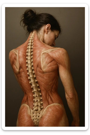 CORPO UMANO ANATOMICO di una donna con spalle chiuse e postura incurvata, spina dorsale in evidenza, IPERREALISTICO 4K sticker