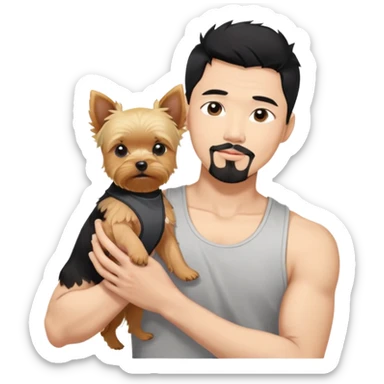 Dark haired Korean Asian handsome man with black pointy hair full goatee and tank top.  Holding one blonde yorkie.  sticker