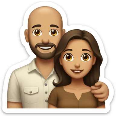 Brown-haired Puerto Rican woman with dark brown eyes wearing a cute blouse giving a comforting hug to a short, bald man with brown eyes, laugh lines, and a beard sticker