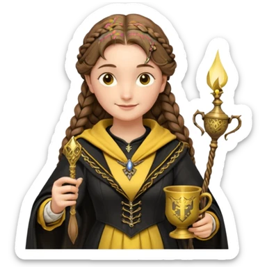 Helga Hufflepuff,the Hogwarts founder of Hufflepuff,brown-haired,2braids,yellow-black medieval dress with black cloak decorated with gold braiding,flickering magic wand and tiny two-handled shiny gold cup engraved with the badger silhouette,very kind smile,curvy busty sweet sticker
