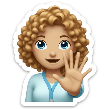 girl with light brown curly hair and blue eyes doing a hand heart sticker