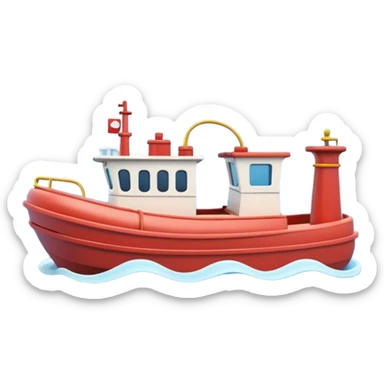 A 3D cartoon tugboat towing another boat on calm blue water, soft waves, clear sky, Memoji-style. sticker