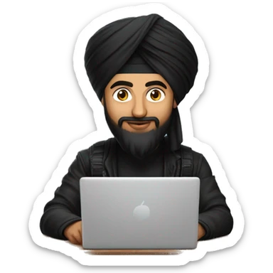 sikh man like diljit dosanj doing coding wearing black huddy and black turban doing coding on laptop sticker