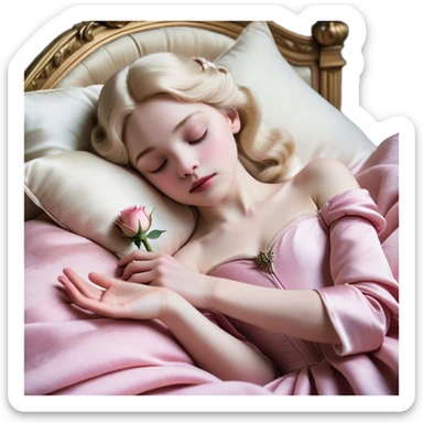 Cinematic Realistic Sleeping Beauty (Aurora) Portrait, with porcelain-like skin featuring a natural rosy flush, illuminated by soft lighting that highlights the gentle contours of her face. Her golden blonde hair flows in soft, detailed waves with subtle highlights that shimmer in the light. Her deep violet-blue eyes radiate warmth and innocence, framed by arched brows and long lashes. With a soft, serene smile, she holds a delicate rose gently in one hand, her other hand resting lightly by her side. She is dressed in her classic pink gown, the fabric rich in texture with delicate folds that catch the light. A golden crown rests atop her head, gleaming with royal refinement. The portrait captures a soft, glowing aura, blending realism with an ethereal sense of beauty and timeless enchantment. sticker