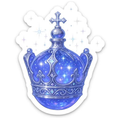 itin prabangus mažas eliksyro buteliukas, karūnėlės forma, spalva #7986cb, išraiškingos ir sudėtingos sidabrinės bei holografinės detalės, maksimaliai daug magiškų švytėjimų ir blizgesių, labai mažas kaklelis, vientisas dugnas, skaidrus fonas, buteliukas plūduriuoja ore, be pagrindo ar šešėlio, modernus, kolekcijai puikiai tinkamas sticker