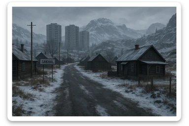 a view of the city street in a videogame: DayZ - in  Sakhal - snowy steppe tundra, rustic cabin houses, tall apartment blocks in the distance, mountainous and rocky terrain sticker