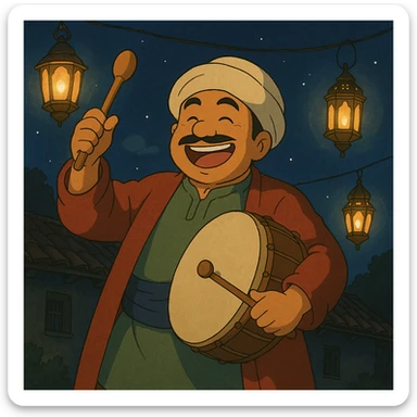 ghibli style scene of a joyful sahur drummer in traditional clothes, lanterns, night sticker