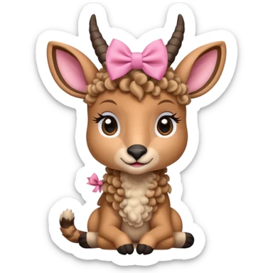cute gazzelle with curly fur, sitting down, wearing a pink bow on its head.   sticker