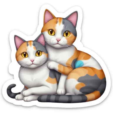full body large dark grey and white cat cuddling a colourful light patched calico + white tabby cat  sticker