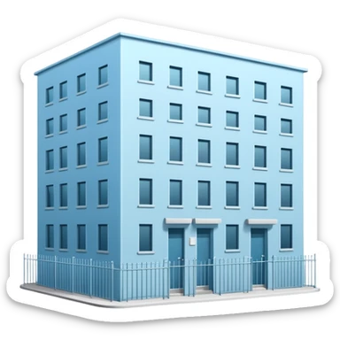 light blue rectangular 9-story apartment building surrounded by fence, closed courtyard, minimal flat vector icon, friendly clean design sticker