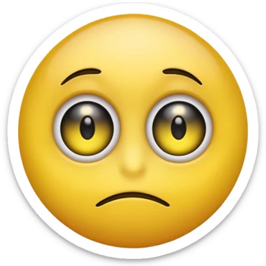 A circular yellow emoji with a smooth, gradient-shiny surface, featuring two large round eyes with white sclera and black pupils, conveying confusion. A yellow finger is placed beside the mouth with a simple 'ε' symbol in front. sticker