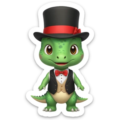 Steampunk:a very cute and adorable green anthropomorphic baby dinosaur with a red top hat sticker