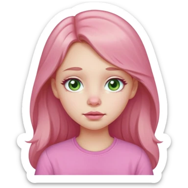 Pale girl, pink nose, cheeks, nose, chin, long light brown hair, Pink full lips, doe eyes, light green eyes wearing cute pink shirt sticker