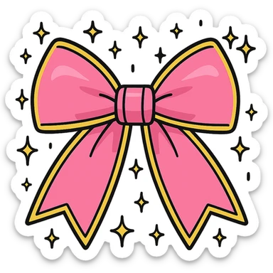 Add a shiny gold outline to the sparkly pink bow with a soft gradient and stars, keep the background transparent. sticker