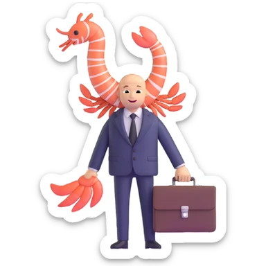 shrimp wearing business suit with briefcase, businessman shrimp, memoji style sticker