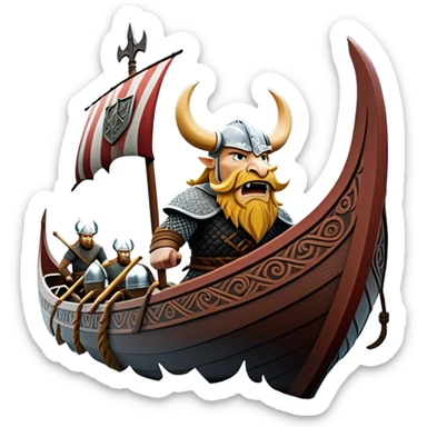 clash-of-clans-aesthetic_-cinematic-viking-longboat, rendered in a flat, bold vector style with minimal shading, featuring a striking dragon-headed prow slicing through icy, churning waters. shields on the side and vikings rowing The longboat’s intricately detailed shields and carved motifs evoke a sense of epic adventure and Nordic might, with billowing sails catching a dramatic, stormy sky backdrop. sticker