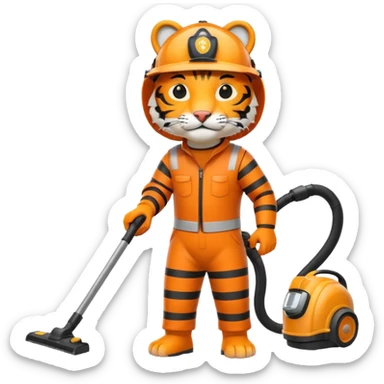 Tiger with a helmet on standing up vacuuming  sticker