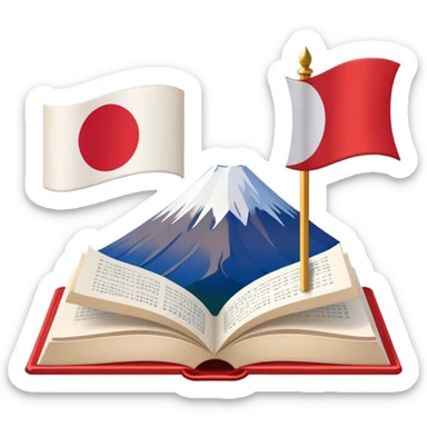 An icon featuring Mount Fuji and the flag of Japan, symbolizing the Japanese language. The design includes an open book with Japanese text, representing language learning and cultural heritage. Transparent background . sticker