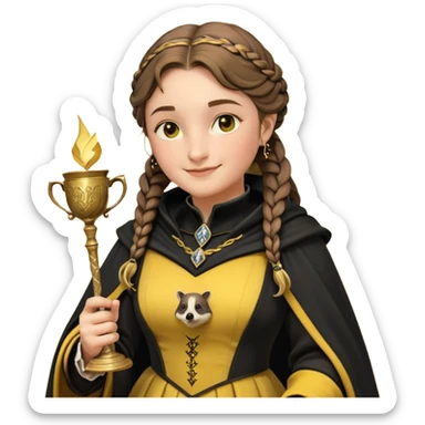 Helga Hufflepuff,the Hogwarts founder of Hufflepuff,brown-haired,2braids,yellow-black medieval dress with black cloak decorated with gold braiding,flickering magic wand and tiny two-handled shiny gold cup engraved with the badger silhouette,very kind smile,curvy busty sweet sticker