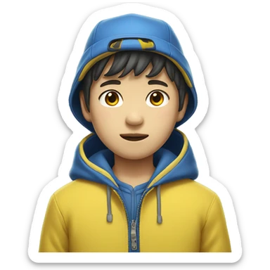 korean boy in yellow cap wearing blue unbuttoned jacket  sticker
