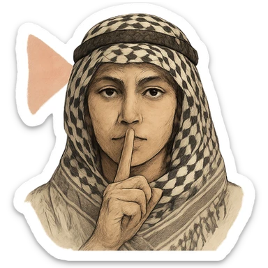 a person with a finger to their lips for silence, wearing a traditional Palestinian kufiya, and a faint Palestinian flag motif in the background, subtle, artistic sticker