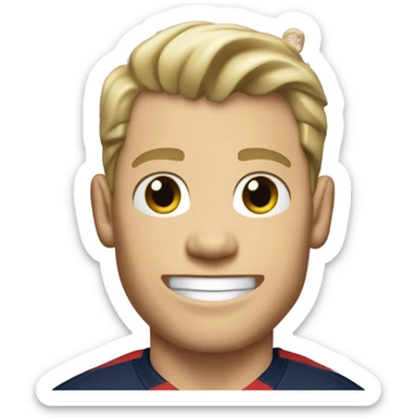 Skinny Caucasian male blonde combed over hair smiling wearing a Houston Texans polo sticker