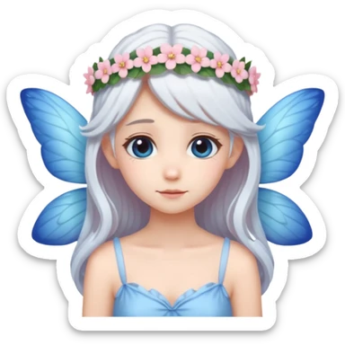 A shy white hair fairy with soft blue wings with flower smallcrown sticker
