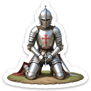 A lone medieval knight in plate, worn armor kneels. His helmet is closed, hiding his face, conveying silence, exhaustion and contemplation. A long sword is planted in the ground beside him, its hilt resting near his gloved hands as if he is praying or resting after battle. sticker