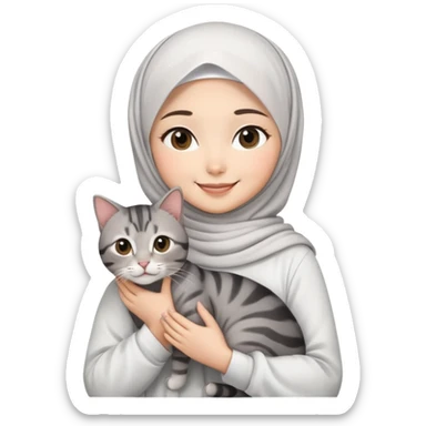 Asian White girl wearing  hijab and white dress holding a black grey tabby cat while smiling.  sticker