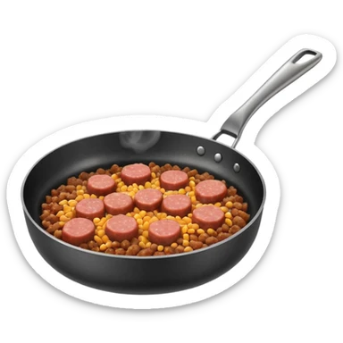 A 3D cartoon frying pan with minced meat being cooked, slight steam, realistic texture, Memoji-style. sticker