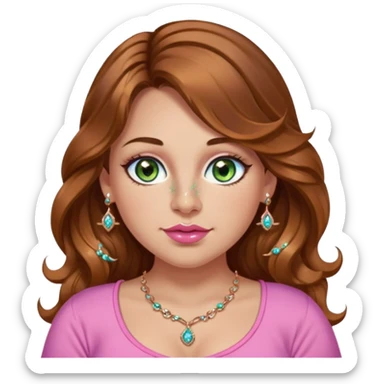 Girl girl long wavy brown hair with caramel highlights, green/blue/gold eyes, plus size, pink girly top, right nostril rose gold nose ring with diamonds embedded sticker