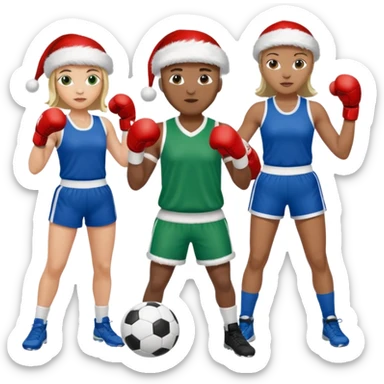 3 atletas, um homem no meio e duas mulheres com cores de pele diferentes, usando elementos esportivos, bola de futebol, luvas de luta e bola de vôlei. Coloque um chapéu de papai noel das cores verde e com roupas azul e branco sticker