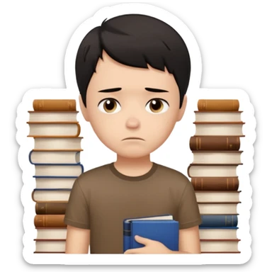 generate a pretty bratz fair skinned boy with short black hair wearing a brown tshirt surrounded by books n looking very sad sticker