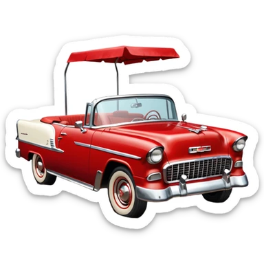 1955 Chevrolet Bel Air Convertible, Red-White color, with a bucket of brown mud pouring down on it, and the car itself is covered in brown dirt on the sides, which is stuck and clearly visible from all sides of the body. 32x32 pixels, aspect ratio: 1:1 sticker