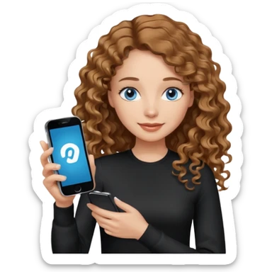 generate a pretty woman with blue eyes, light skin and medium brown long wavy almost curly shiny hair holding a phone she is looking at the phone while looking down at the screen. she is wearing an ALL black long sleeve. she is smiling sticker