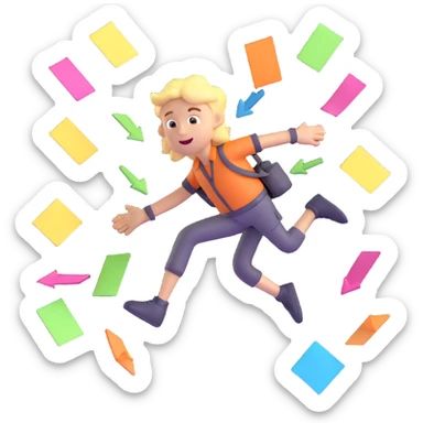 3D icon of a jumping character multitasking, arrows pointing in multiple directions, energetic motion, playful chaos, dynamic planning style, floating sticky notes, spark effects, vibrant lighting, bright colors sticker