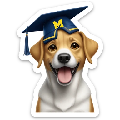 Happy dog wearing University of Michigan hat sticker