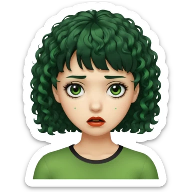 quero que você cria uma mulher, o rosto dela. nela, ela tem cabelo curto e ondulado, tem franja e ela tem semblante triste, deixe ela com pele verde e com cabelo cacheado( ela tem que ter semblante assustador e muito triste, ela pode ter olhos totalmente preto ou vermelho) sticker