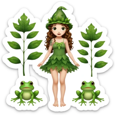 full body woman long curly brown hair brown eyes white skin tattoos wearing cute frog hat and sheer leaf dress, barefoot, flirty forest fairy pose sticker