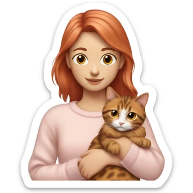 Red hair girl wearing a pale pink sweater holding a tortoiseshell cat with a white belly sticker