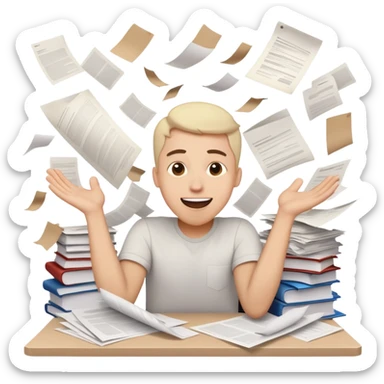 A person with a happy excited face but also looking stressed and overwhelmed, papers flying everywhere, surrounded by work items, half celebrating success and half panicking about deadlines sticker