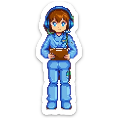 8-bit pixel art icon of a recruiter, Mega Man style, waist-up only, no computer, with a headset, holding a pen and notepad, ready to interview sticker