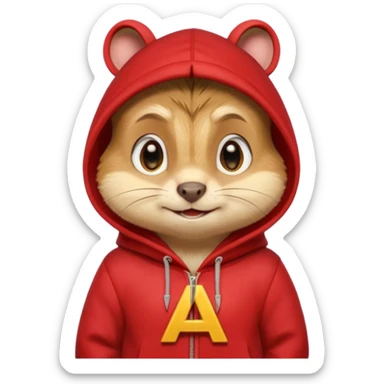 Portrait of a cartoon chipmunk with light brown and beige fur, wearing a red hoodie with a yellow 'A' on it, big round eyes, small nose, and a mischievous grin, front-facing, stylized in animated movie style sticker
