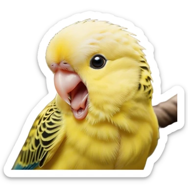 Cinematic Cute Yawning Yellow Budgie Portrait Emoji, Head tilted slightly with a dramatic, wide-open yawn, showcasing a soft, downy yellow feathered fur with gently drooping wings, round dark eyes barely open in drowsy contentment, Simplified yet irresistibly adorable features, highly detailed, glowing with a soft, cozy glow, high shine, relaxed yet expressive, stylized with a touch of whimsy, bright and endearing, soft glowing outline, capturing the essence of a sleepy yet affectionate budgie, so drowsy it feels like it could stretch out of the screen and curl up for a nap! sticker