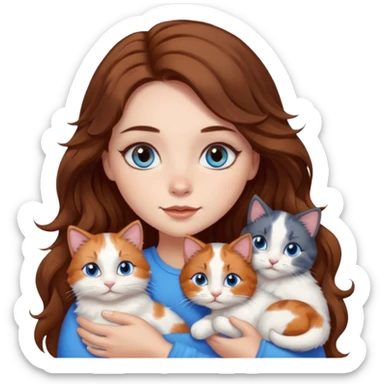 girl with long wavy brown hair, blue eyes, long lashes makeup, cuddling with 6 cats sticker